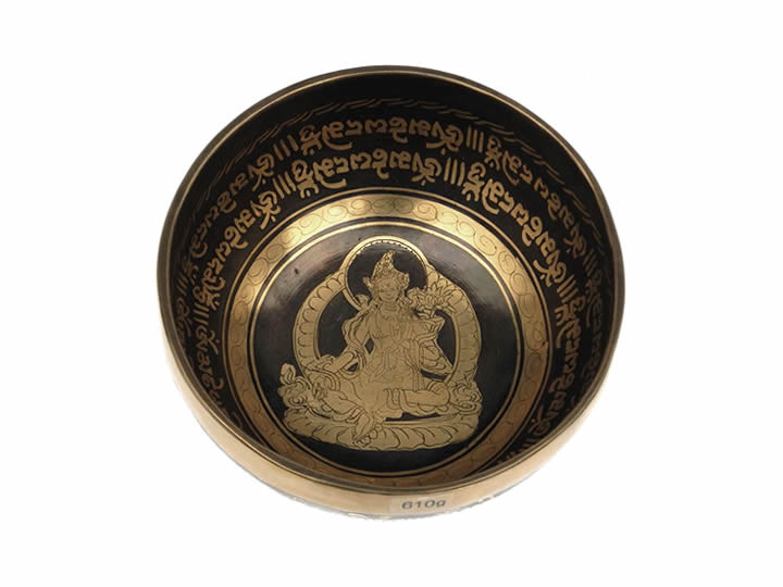 Tibetische Gravur Klangschale 610 Gr. mit Buddha "Grüne Tara"