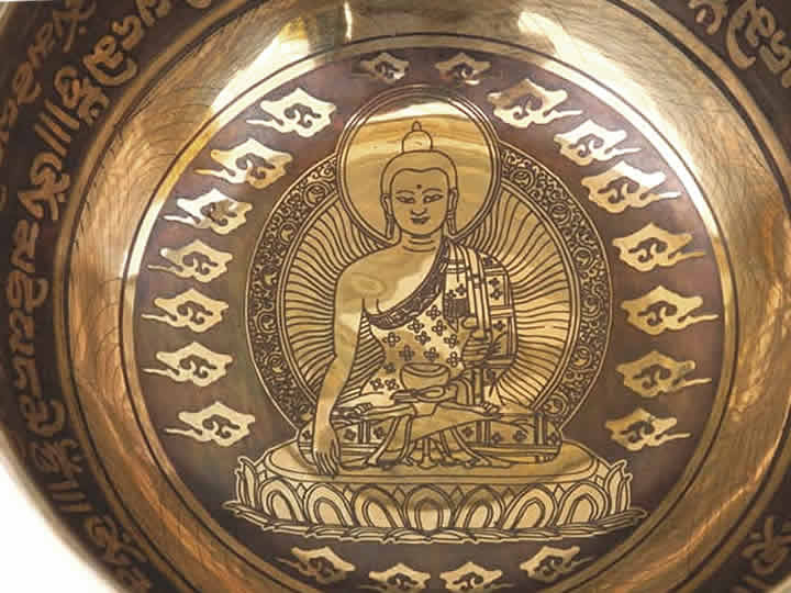 Tibetische Gravur Klangschale 600 Gr. mit Buddha "Shakyamuni"