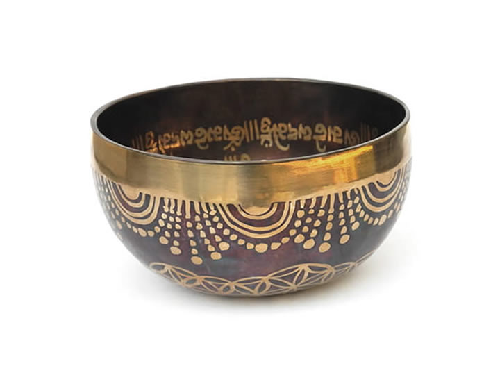 Tibetische Gravur Klangschale 580 g Alphawelle + Thetawelle - Medizinbuddha